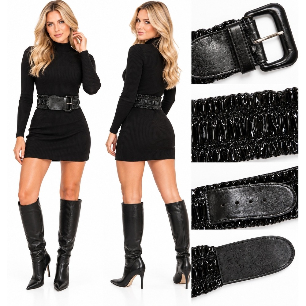 Yansi Fugel S Black Shirred Stretch Wide Cinch Belt Patent Y2K Minimalist Chic